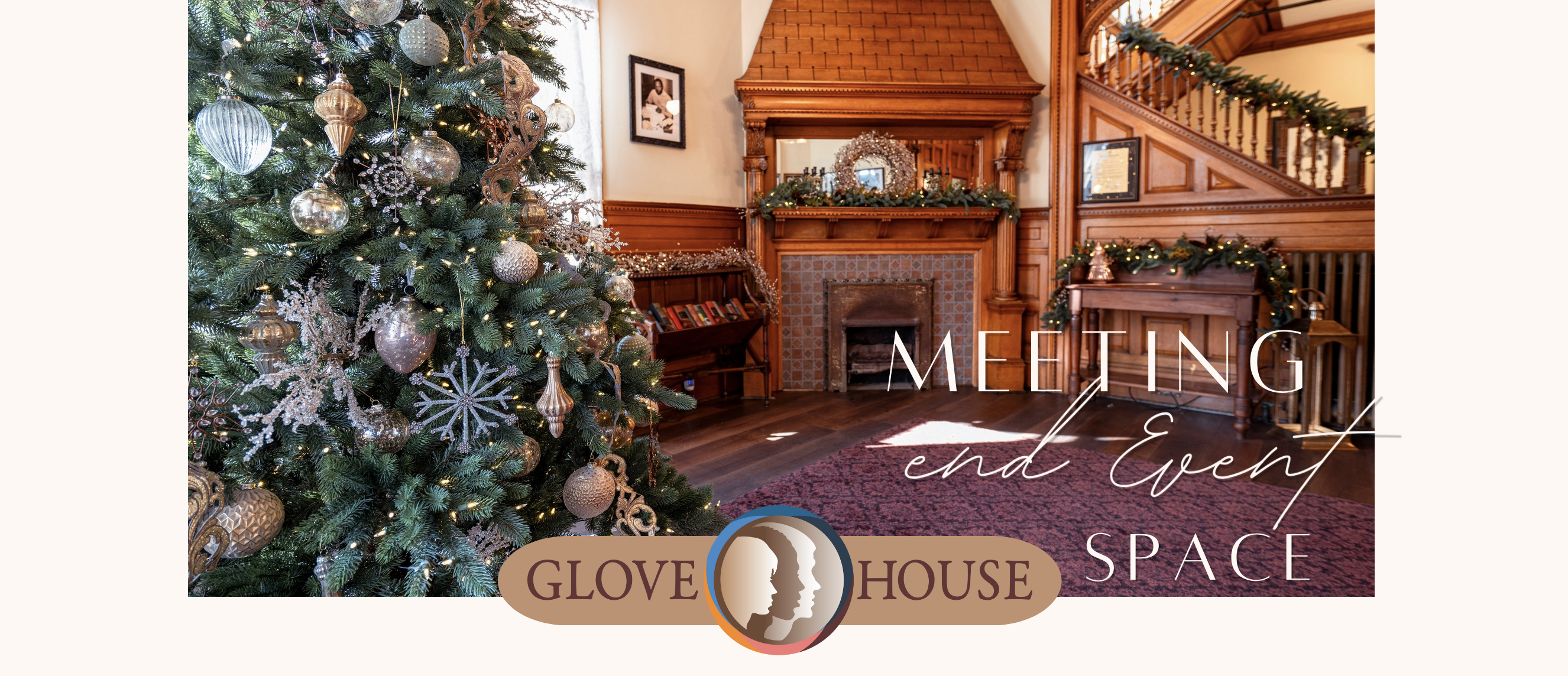 Glove House Meeting and Event Space photo of room with Christmas tree, book case, fireplace and garland